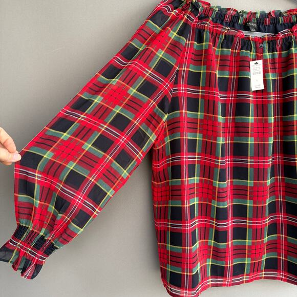 NWT Talbots red tartan plaid sheer off the shoulder blouse - Christmas - size L - Picture 7 of 9